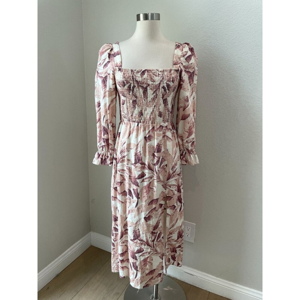 House Of‎ Harlow 1960 Womens Small Smocked Linen Blend Midi Dress Floral